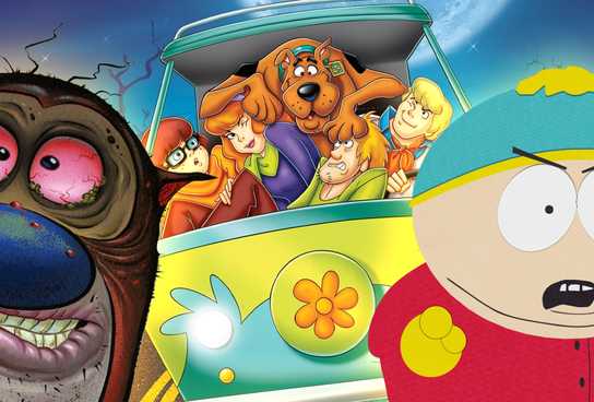 The Mystery Gang from Scooby-Doo Where Are You? is depicted in the center with an image of Stimpy from Ren and Stimpy on the left and an image of Eric Cartman from South Parkon the right.