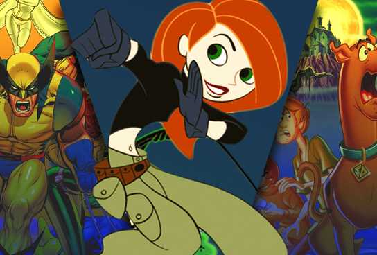 Split images of characters from X-Men: The Animated Series, Kim Possible, and Scooby-Doo are spliced together.
